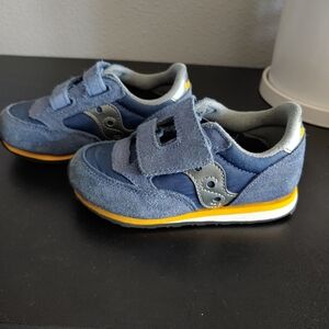 Saucony Jazz Kids Blue and Gray Sneakers with Yellow Accents